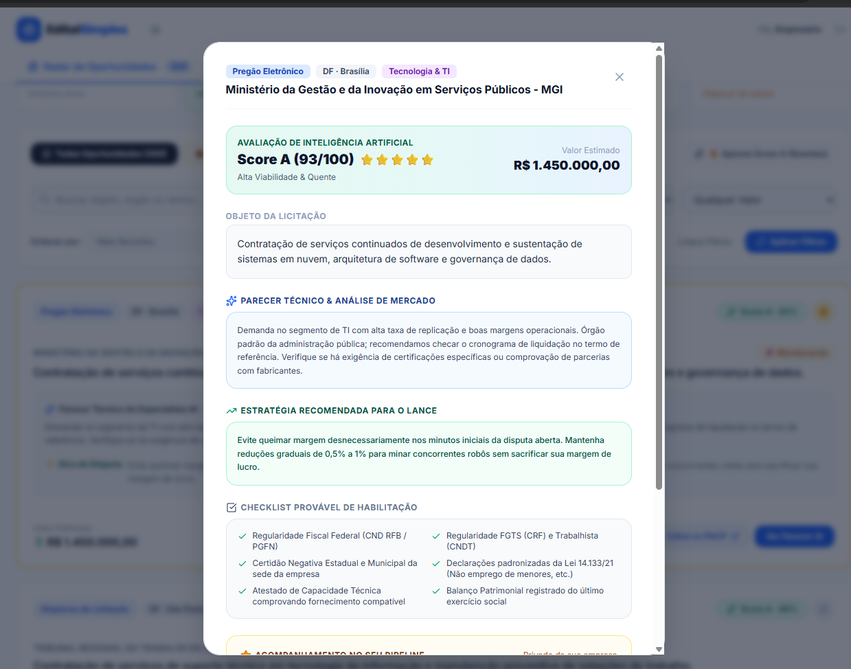 Parecer de IA do EditalSimples sobre uma licitação, com score de aderência, análise de mercado, estratégia de lance e checklist de habilitação